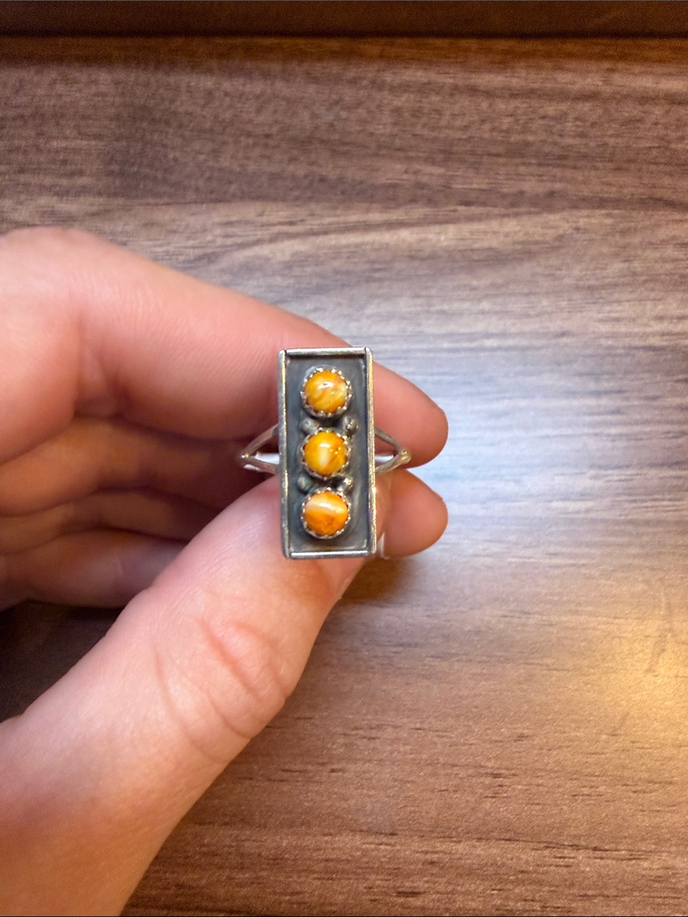 Sterling Silver Rectangular Ring with Orange Cabochon Trio